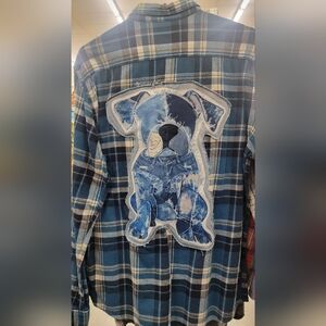 Recycled Blue and White Denim Dog Plaid Flannel Shirt Size LT